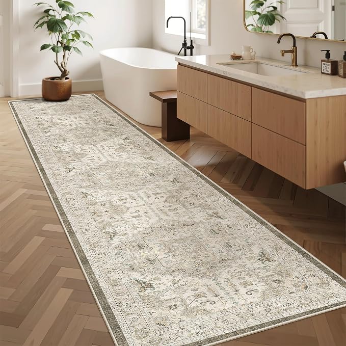 Madane Hallway Runner Rug 2'6''x12' Kitchen Runners Vintage, Ivory/Brown | Non-Slip Washable Rugs 12ft for Laundry Room, Entryway and Bedroom, Soft Low Pile Stain-Resistant Wide 2.5x12 Ft Floor Carpet