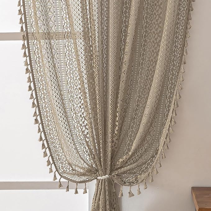 WAZZIO Boho Lace Curtains 45 Inches 2 Panel,Light Filtering Privacy Tassel & Geometry Crochet Semi Sheer Curtain Drapes for Bedroom Living Dining Room,Rod Pocket & Tassel,Earthy Color Taupe