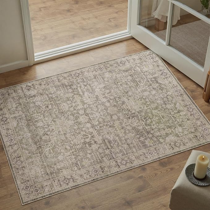 DCX Washable 3x5, Kid & Pet Friendly with Rubber Back Non Slip, Stain Resistant Vintage Rug for Living Room, Bedroom, Home Office, Soft Low Pile Farmhouse Distressed Carpet, Greige