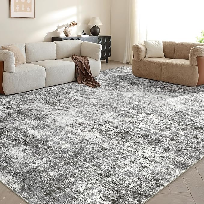 LOVORAL Area Rugs for Living Room: 9x12 Washable Neutral Abstract Rug for Bedroom Large Soft Modern Dining Room Rugs Indoor Floor Low Pile Carpet for Home Office Nursery - Grey