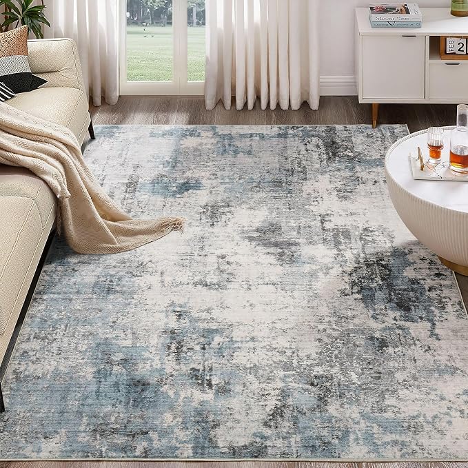 Abstract 9x12 Area Rug: Machine Washable Non Slip Ultra Thin Low-Pile Carpet, Soft Stain Resistant for Living Dining Room Bedroom, Kid Pet Friendly, Robot Vacuum Compatible - Grey Blue