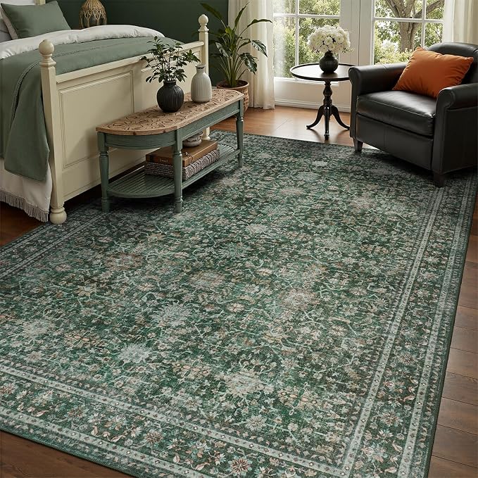 DCX Green 8x10 Rug, Kid & Pet Friendly with Rubber Back Non Slip, Machine Washable Stain Resistant Vintage Traditional Distressed Carpet, Rug for Living Room, Bedroom, Neutral Home Decor