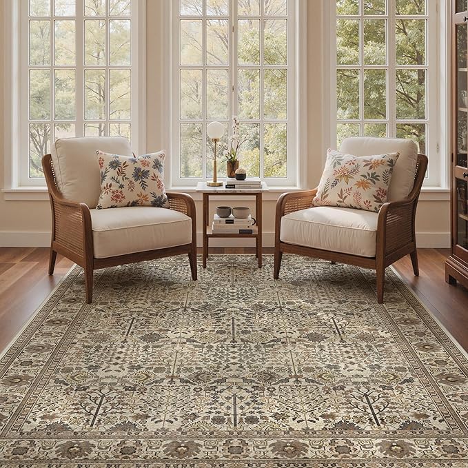Bavni Washable Rugs 3x5 Machine Washable Rug Lightweight Low Pile, Vintage Floral Rug Non-Shedding Distressed Throw Carpet for Living Room Bedroom Office, Dark Espresso