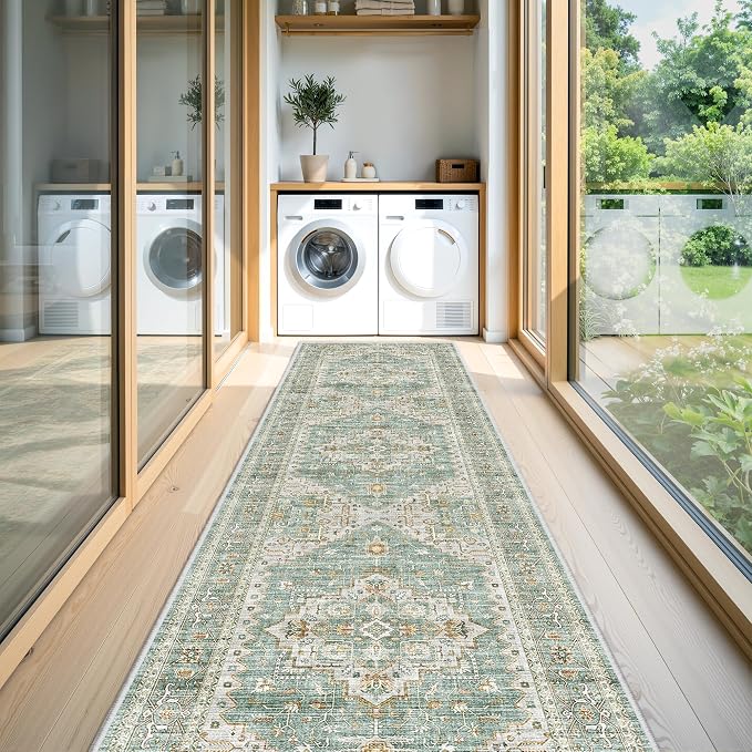 befbee Washable Hallway Runner Rugs 2.5 x 8, Non-Slip Low-Pile Soft Kitchen Rug Runner Laundry Room Rug, Vintage Throw Mat for Entrance Living Room (2'6''x8,Green)