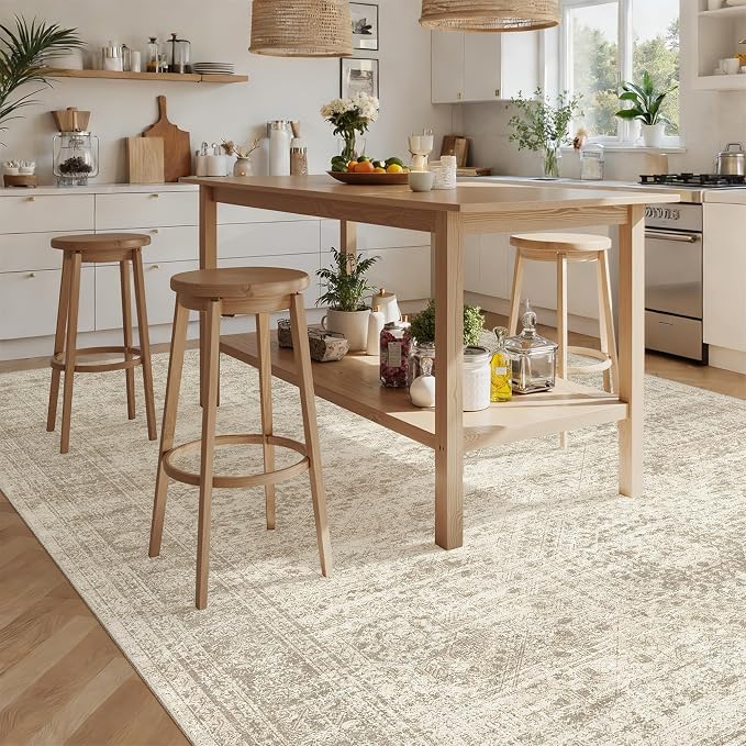Soalmost 7x10 Area Rug for Living Room Washable Abstract Vintage Soft Thin Indoor Floor Non-Slip Carpet for Bedroom Dining Room Beige