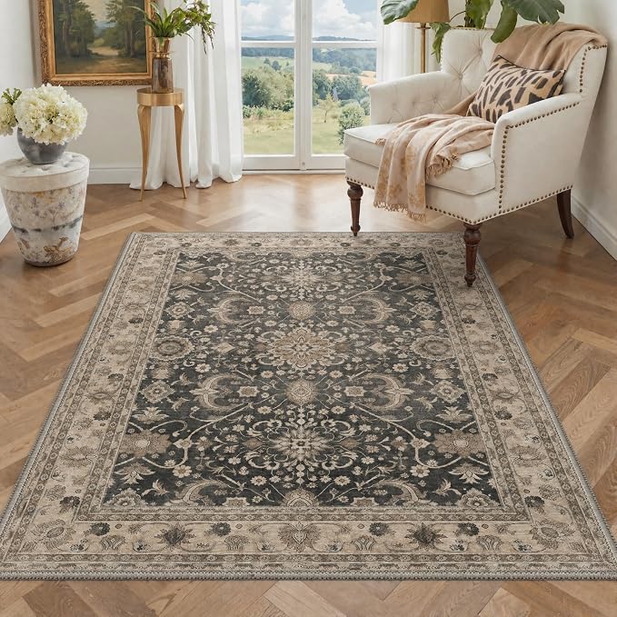 Bavni Washable Rugs 8x10, Machine Washable Rug Lightweight Low Pile, Oriental Floral Vintage Rug Non-Shedding Distressed Throw Carpet for Living Room Bedroom Office, Dusty Taupe