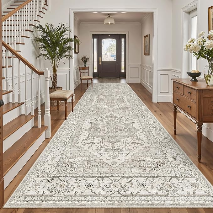 Madane 4x12 Wide Hallway Runner Rug Washable for Living Room, Beige/Brown | Soft Stain Resistant Ktichen Runners 12ft, Vintage Non Slip Low Pile Area Rugs, Thin Floor Carpet for Bathroom Dining Bedroom