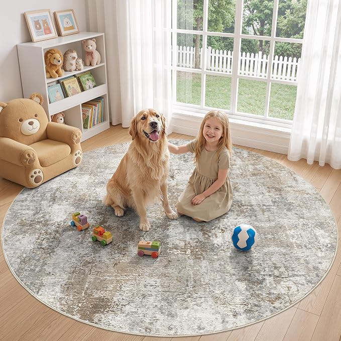 WITSHOCK Area Rugs 8ft Round Living Room Rug - Washable Neutral Soft Low Pile Non-Slip Modern Abstract Thin Large Indoor Carpet for Bedroom Dining Room Nursery Office - Light Brown Grey