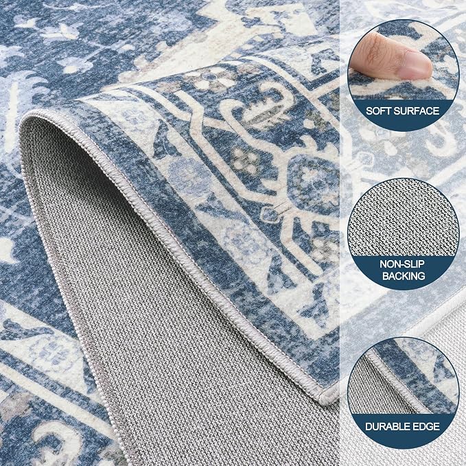 8x10 Area Rugs for Living Room:Blue Washable Vintage Medallion Boho Rug Non-Slip No Slip Stain Resistant Soft Low Pile Large Rugs Indoor Retro Carpet for Bedroom Nursery Dining Office (Blue 8'x10')