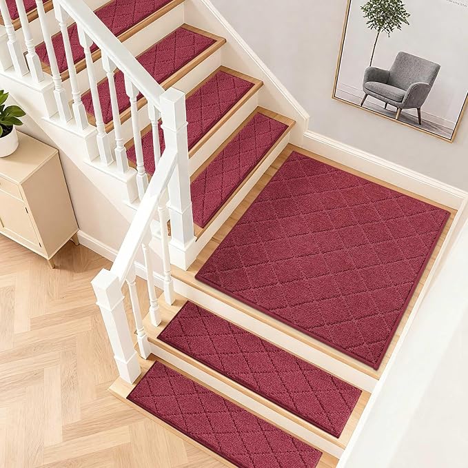 COSY HOMEER Stair Landing Rugs Non-Slip Corner Indoor Edging Stair Treads for Wooden Steps,Washable Soft Stair Landing Mat for Kids,Elder and Dogs,Polyester,TPE Backing,Red,30x30inch