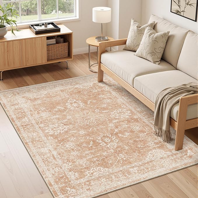 Madane 3x5 Area Rugs for Entryway,Washable Vintage Low Pile Non-Slip Throw Area Rugs, Accent Rug Floral Print Indoor Mat for Bedside Living Room Kitchen Bedroom, Jasper Orange