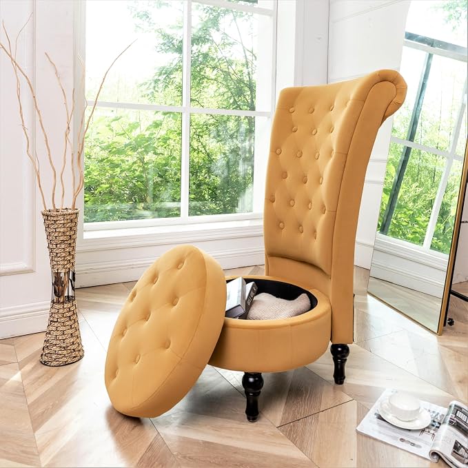 Container Furniture Direct Royal High-Back Velvet Accent Chair for Vanity with Storage and Luxurious Upholstery, Retro Design and Versatile Usage for Livingroom, Bedroom, Lounge and Office, Yellow