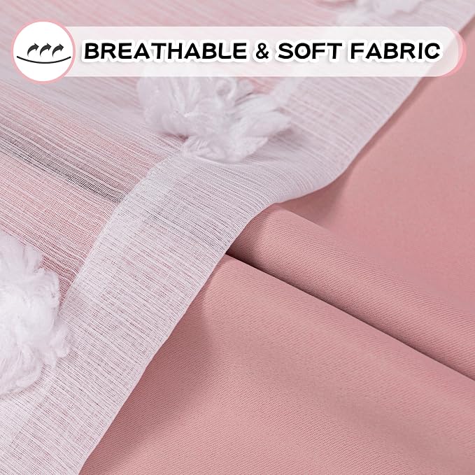 MYSKY HOME Pink Curtains for Bedroom 72 Inches Long Nursery Curtains Pom Pom White Sheer Curtains for Girls Room Double Layer for Toddler Bedroom Grommet Room Darkening Window Panels 52 x 72 Inch