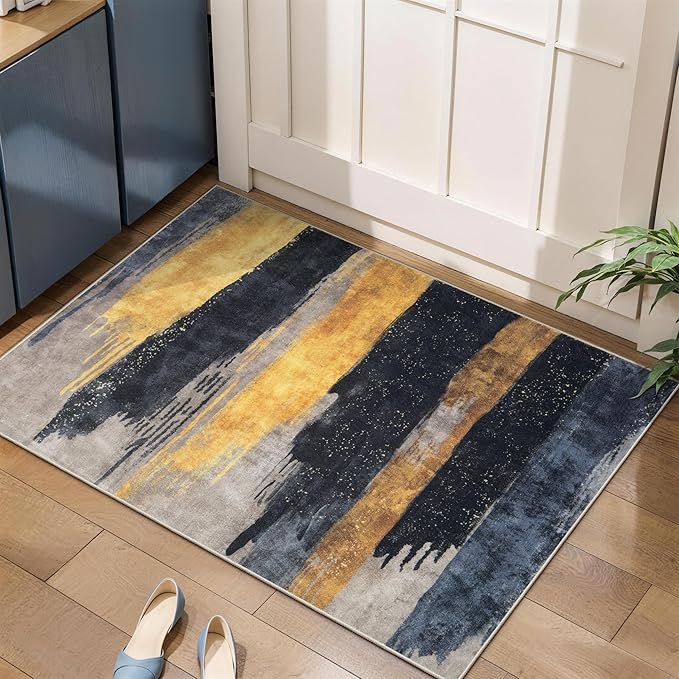 Ciicool Modern Abstract Area Rug 2x3 Washable Small Entryway Rugs,Black Gold Non-Slip Low Pile Throw Entry Rug, Foldable Kitchen Bathroom Rugs Floor Carpet for Entrance Bedroom Indoor Doormat