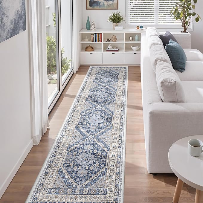 zesthome 2x8 Runner Rug, Washable Runners for Hallways with Rubber Backing, Stain Resistant Kitchen Rug, Soft Thin Carpet Runner for Entrance, Bedroom, Living Room Indoor(Blue/Beige,2'x8')