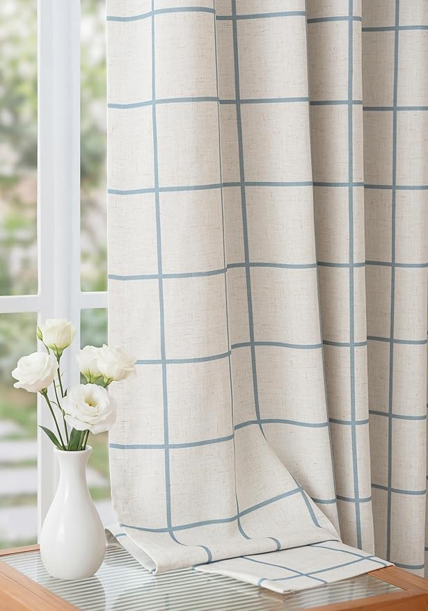 THREE GIRLS Pinch Pleated Plaid Curtains Blackout Linen Gingham Blue Curtains for Living Room,Bedroom Checkered 95 Inches Long Double Layer 2 Panels Set Luxury and Modern Printed Design Darkening