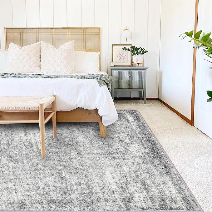 CHAMPLANT Area Rug 8x10 Washable Rug Gray Vintage Traditional Mat Distressed Indoor Foldable Thin Retro Accent Floral Non Slip Carpet Living Room Dining Room Office