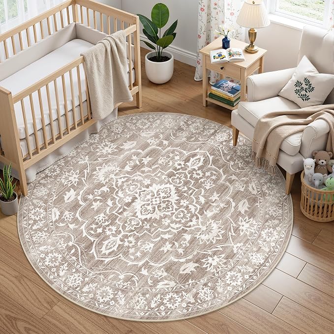 Soalmost Washable Round Rug 6ft for Living Room,Soft Circle Rug Light Brown | Vintage Floral Ultra-Thin Non-Slip 6x6 Round Throw Carpet for Entryway Nursery Bedroom Kitchen Dining Room 6'Round