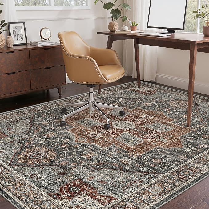 Roxstand 3x5 Area Rug - Washable Kitchen Rugs Non Slip,Soft Low Pile Small Rug for Entryway, Stain Resistant Vintage Area Rugs for Home Decor(Grey/Brown/Tan, 3'x5')