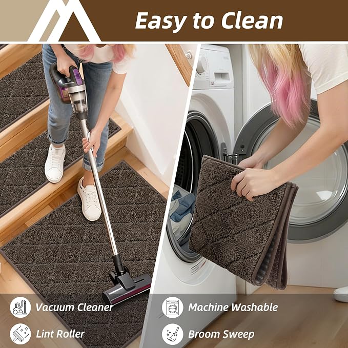 COSY HOMEER Edging Stair Treads Non-Slip Corner Indoor Stair Runners for Wooden Steps,Landing Slip Resistant Stair Rugs Mat for Kids and Dogs,100% Polyester TPE Backing,Brown,30x30 inch