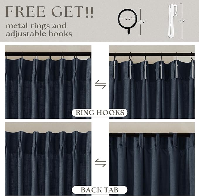 Navy Short Linen Curtains 45 Inch Length 2 Panel Set for Small Windows Dark Blue Linen Cotton Light Filtering Drapes Privacy Pinch Pleated Back Tab Semi Sheer Kitchen Curtains 45 Inches Long