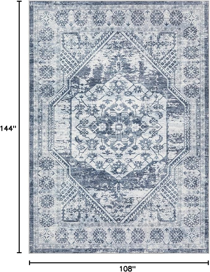 Vintage Living Room Area Rug 9x12 - Large Soft Washable Oriental Traditional Distressed Farmhouse Rugs for Bedroom - Indoor Floor Accent Carpet for Home Office House Decor - Distressed Blue