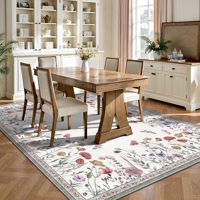 6x9 Area Rugs, Washable Floral Area Rugs for Living Room, Indoor Area Rug for Bedroom, Dining Room, Low Pile Non-Slip Non Shedding Rugs(Classic Beige)