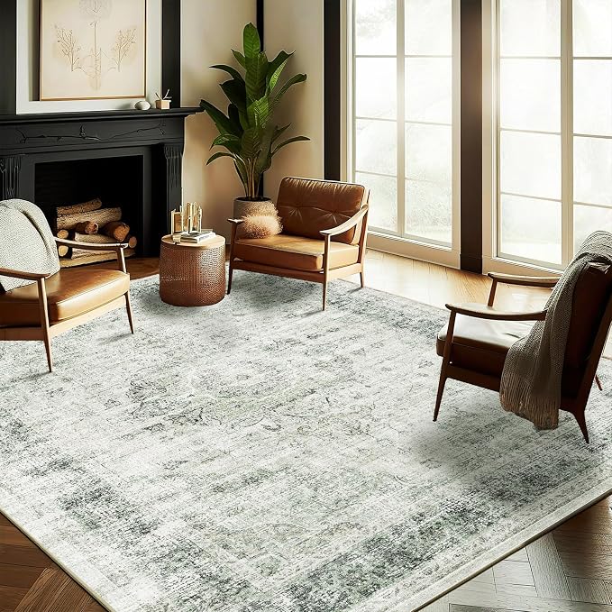 CHAMPLANT Washable Area Rug 10'x14' Floral Green Boho Design Non-Shedding Easy Care Ideal for High Traffic Areas in Living Room Bedroom Office Coffee Table Kitchen Large Carpet