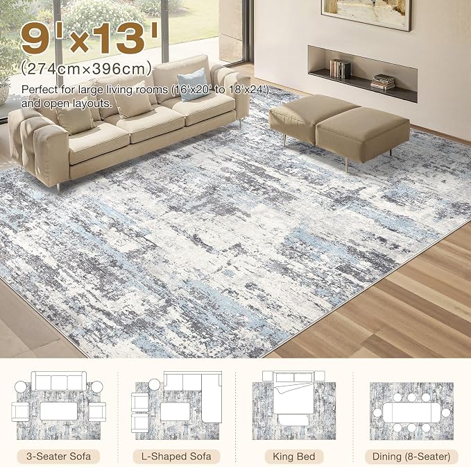 Area Rugs for Living Room: 9x13 Abstract Washable Rug Modern Neutral Large Soft Stain Resistant Non-Slip Backing Machine Table for Bedroom Dining Room Indoor Home Office Carpet - Blue Grey