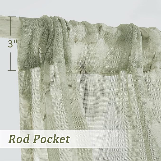 FMFUNCTEX Linen Sheer Curtains for Bedroom, Sage Green Blossom Print Curtains 96 Inches Long for Living Room,Floral Patterned Farmhouse Curtain Light Filtering Window Drapes 2 Panels, Rod Pocket