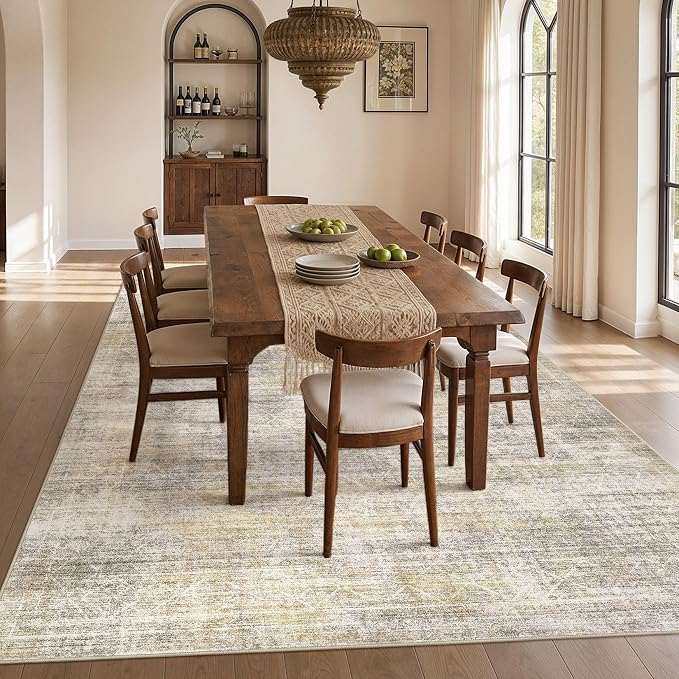 cotiled Washable Area Rugs 8x10 Living Room | Non Slip Backing, Stain Resistant, Pet Friendly, Large Neutral Soft Indoor Carpet For Bedroom, Nursery, Office, Gold/Brown