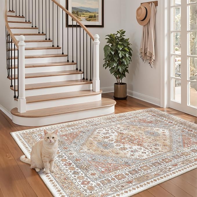 zesthome 3x4 Washable Area Rug for Entryway, Soft Kitchen Rugs Non Slip for Dining Room, Vintage Abstract Living Room Rug, Thin Area Rugs Indoor for Bedroom, Kids Room Decor(Orange,3'x4')