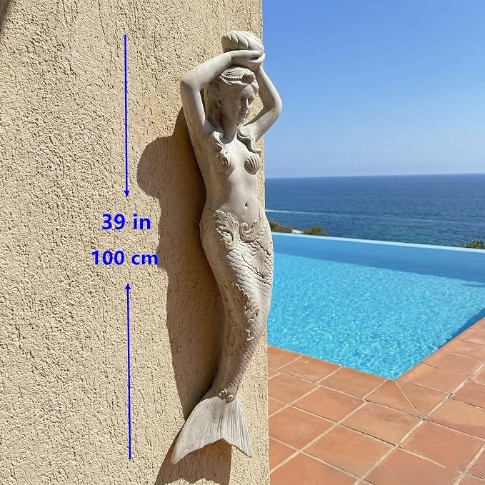 39'' High Mermaid Statue Wall Hanging Big Size Wall-Mounted Sculpture Wall Decoration Magnesium Oxide Indoor Outdoor Sculpture Mermaid Hook Garden Statue for Yard Backyard Decor