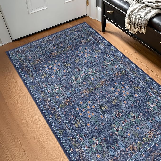 Vintage Dark Blue 3x4 Entryway Rug, Washable Small Area Rugs for Kitchen, Bedroom, Oriental Low Pile Stain Resistant Non-Slip Large Rug