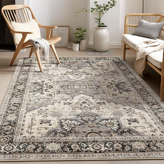 Area Rug for Living Room - 7x9 Soft Washable Oriental Vintage Floral Distressed Large Carpet - Fade Stain Resistant Non Slip Rugs for Bedroom Dining Room Nursery Dorm Office Home Decor - Brown