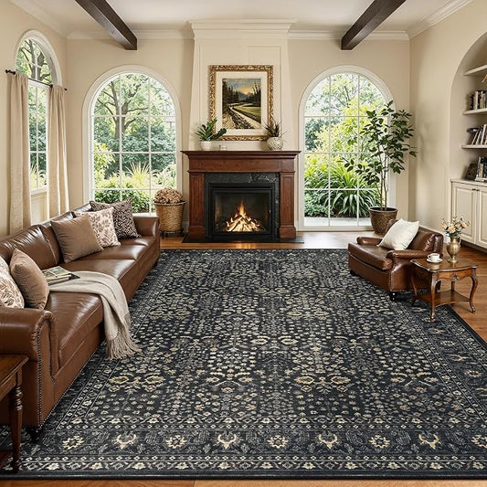 Lofus 9x12 Large Black Area Rug for Living Room & Bedroom Washable Non-Slip | Soft Boho Vintage Area Rugs for Bedroom Dinning Room Home Office Indoor