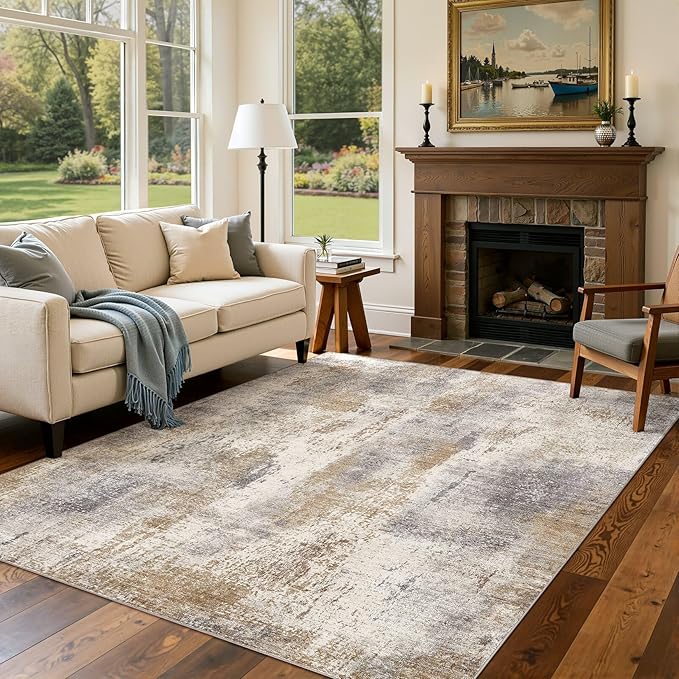 DMOYEST Area Rug Living Room Rugs - 5x8 Washable Large Soft Indoor Neutral Modern Abstract Low Pile Rug Carpet for Bedroom Dining Room Farmhouse Home Office - Brown Grey