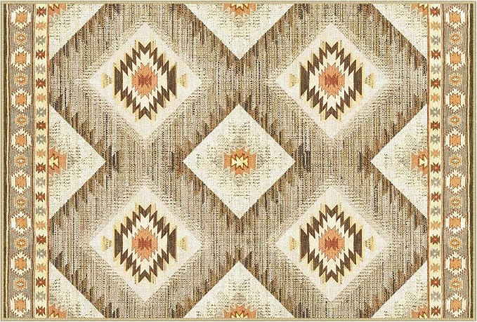 BESTSWEETIE Area Rug 7x9Rug Machine Washable Non-Slip Low Pile Print Pattern Western Rug for Living Room Bedroom Entryway Tribal Series-Cream/Camel