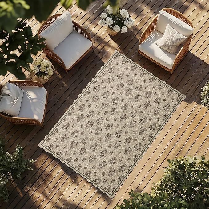 ORTIGIA Scalloped Easy Jute 5x7 Area Rug Vintage Brown Floral Accent Farmhouse Washable Rug Non-Slip Indoor Outdoor Carpet for Living Room Bedroom Patio Entryway