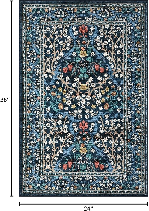 GarveeHome Floral Entryway Rug, 2x3 Washable Front Door Entry Throw Rugs Indoor, Non Slip Bathroom Small Rugs, Boho Thin Rug for Kitchen, Soft Carpet Mat for Bedroom Bathroom, Dark Blue