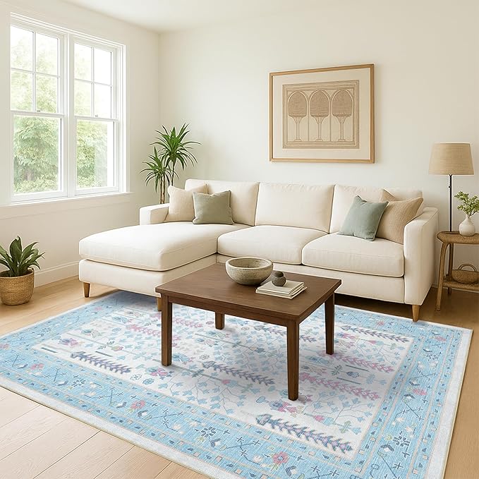 Fame Living Cream Blue Oushak Rug, Modern, Vintage, Turkish, Eclectic, Floral, Pastel, Washable, Area Rugs for Living Room, Dining, Bedroom, Office, Entryway, Foyer, Playroom, Nursery, 5'x6'9"