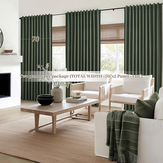 Dark Olive Green Curtains 70 Inch Length Extra Wide Pleated Black Out 90 Inch Long for Living Room, Linen Thick Sliding Glass Door Heavy Duty Insulated Large Window Drapes (70"Wx90"Lx 2Panels Loden)