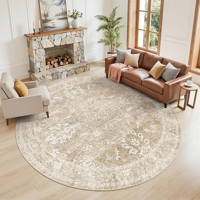 Madane Washable Round Rug 9ft for Living Room, Soft Ultra-Thin Non-Slip Vintage Floral Circle Area Rug, 9x9 Round Throw Carpet for Dining Room Nursery Bedroom Kitchen (Beige/Brown, 9'Round)