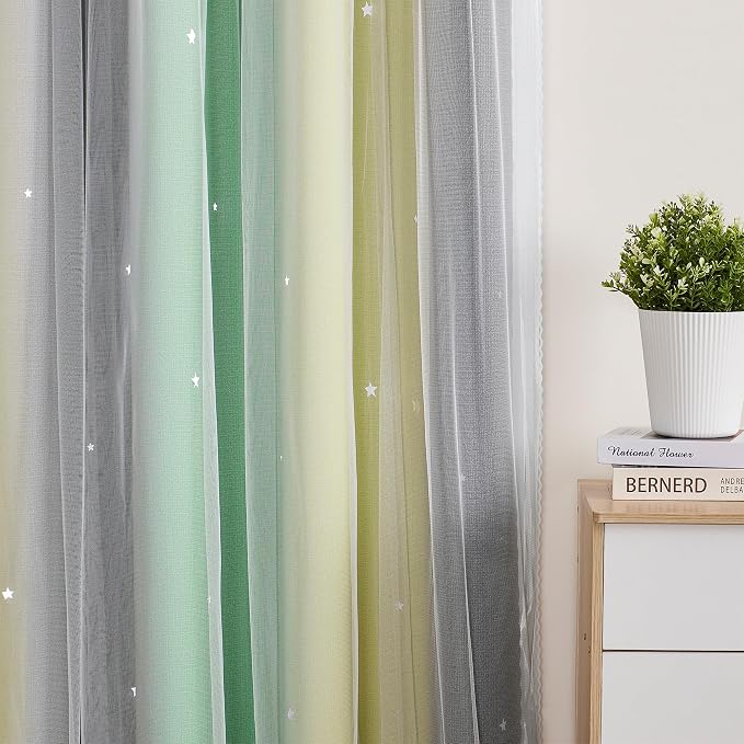 XiDi Curtains for Bedroom Decor, Rainbow GreenYellowGrey34/45/1