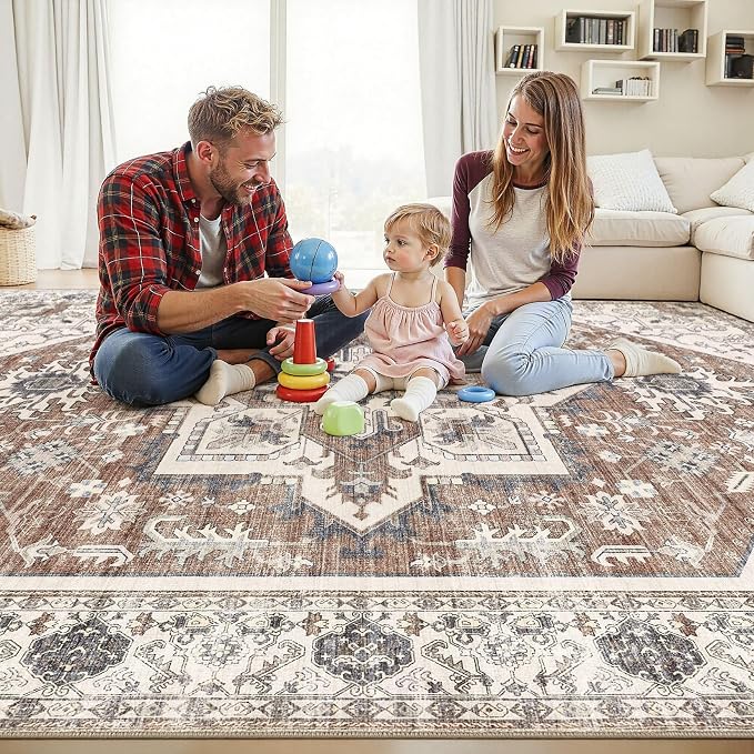 Area Rug 10x14 for Living Room - Washable Oriental Vintage Floral Distressed Large Indoor Carpets with Non Slip Back for Bedroom Dining Room Nursery Office Home Decor -Terracotta/Brown