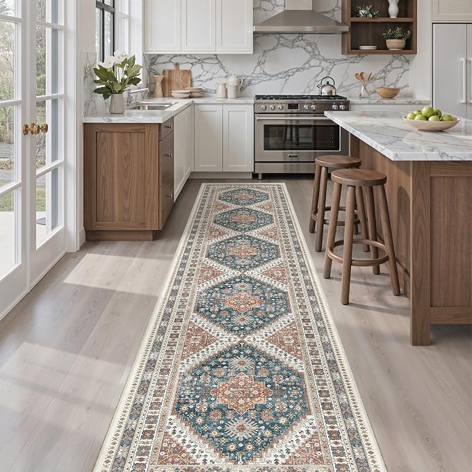 Madane Washable Runner Rugs 2x12 Long for Hallway Kitchen Soft, Navy Blue | Non-Slip Vintage Printed 12ft Rug Runners with Rubber Backing, Thin Low-Pile Floor Carpet Laundry Room Entryway, Corridor