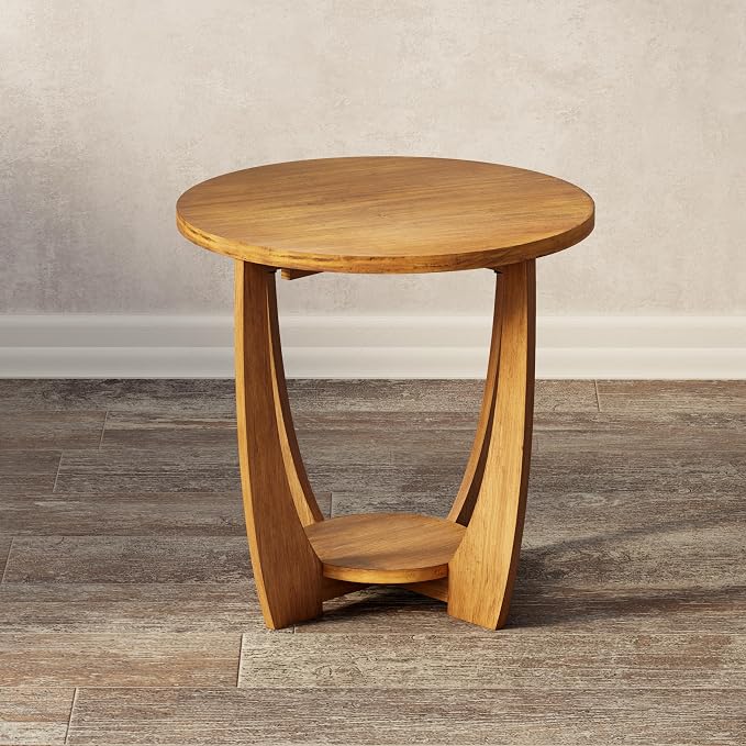 COZAYH Rustic Farmhouse End Table with Storage Shelf, French Country Accent Side for Family, Dinning or Living Room, Small Spaces, Modern, Round, Vintage Caramel Brown Finish