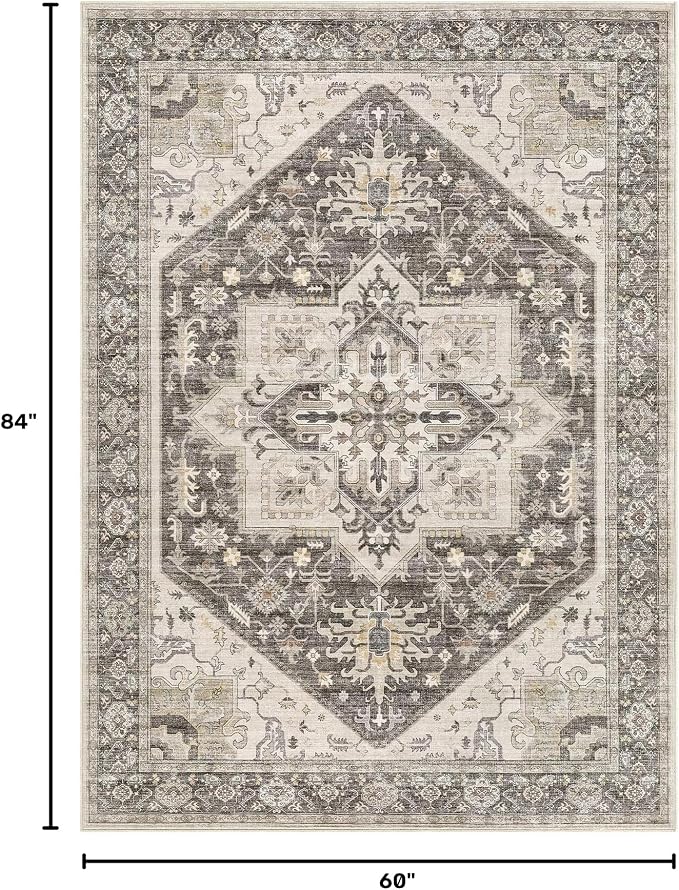5x7 Area Rugs for Living Room - Large Carpet Ultra Thin Soft Washable Oriental Vintage Floral Distressed Big Indoor Carpets for Bedroom Nursery Dorm Home Decor Aesthetic - Dark Brown