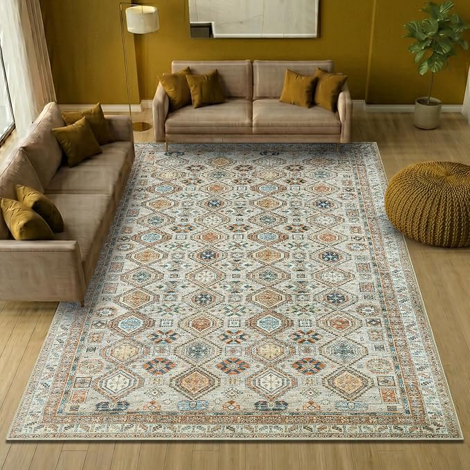 Keen Home Design 8x10 Rug - Machine Washable Area Rug with Non-Slip Backing, Ideal for Living Room, Dining Room, Bedroom - Vintage, Easy Clean, Durable, Low Pile Rug - (8' x 10')