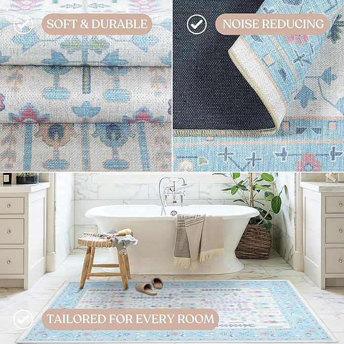 Fame Living Cream Blue Oushak Rug, Modern, Vintage, Turkish, Eclectic, Floral, Pastel, Washable, Area Rugs for Living Room, Dining, Bedroom, Office, Entryway, Foyer, Playroom, Nursery, 5'x6'9"